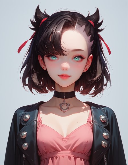 zPDXLxxx, Expressiveh, 

Marnie_(Pokemon), aqua eyes, black choker, red ribbon, pink dress, jewelry, black jacket, open clothes, long sleeves, black hair,

small breasts, natural sagging breasts,

score_9, score_8_up, score_7_up,score_6_up,

highres, high quality, perfection, masterpiece, detailed, source_anime, simple white background, 1girl, solo, front view portrait, face focus, intricate features, beautiful, girl, young adult, youthful, petite body, detailed face, beautiful face, innocent face, eyelashes, perfect eyes, detailed eyes, medium breasts, clothed, standing, smiling, looking at viewer,