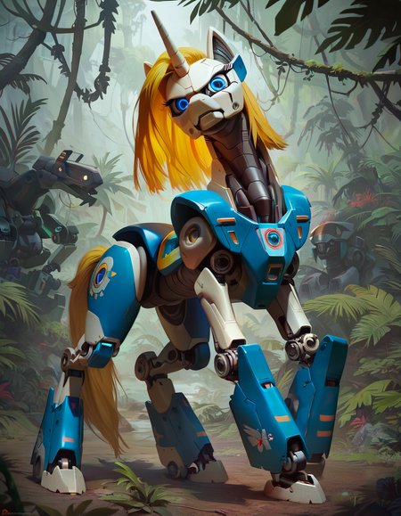 (score_9, score_8_up, score_7_up),realistic, high quality, (masterpiece: 1.2), solo woman,(edgMecha,wearing edgMecha,mecha suit,robot suit,giant woman) ,(long yellow hair, pony tail:1.3), angry face, blue eyes, (dense jungle background:1.3), extremely design bright and shiny, looking at the viewer,,vertical,8k,4k,<lora:add-detail-xl:0.8> <lora:detail_slider_v4:2.5><lora:breastsizeslideroffset:0.1><lora:Krys_Decker_style_v1-10:0.8><lora:Concept Art Twilight Style SDXL_LoRA_Pony Diffusion V6 XL:0.6><lora:edgMechaSuit>