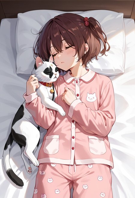 score_9, score_8_up, score_7_up, score_6_up, score_5_up, score_4_up, detailed eyes, detailed skin, source_anime, source_anime, masterpeice, best quality, very aesthetic, absurdres, BREAK, Komari_Chika, 1girl, yellow_eyes, brown_hair, short_hair, one_side_up, flat_chest, BREAK, pajama, pajama pants, BREAK, in bed, lay down, on back, lay in bed, sleeping, eyes closed, peacefully, cat, big cat, cuddling with cat, :3, sfw, rating save,