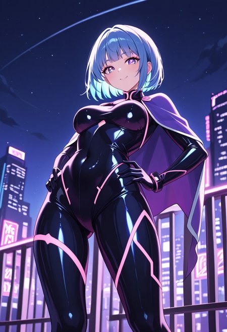 masterpiece, best quality, good quality, very aesthetic, absurdres, newest, 8K, depth of field,  in the style of cknc, artist:moriimee, in the style of cksc, 
1girl, short blue hair, bob cut, violet eyes, medium breasts, firm, tight spandex suit, cape flowing, glossy skin, standing on rooftop, hands on hips, confident smile, looking at viewer, from below
BREAK
city skyline, neon lights, night sky
BREAK
cool tones, high contrast, reflective surfaces, neon glow, rich details, heroic atmospher