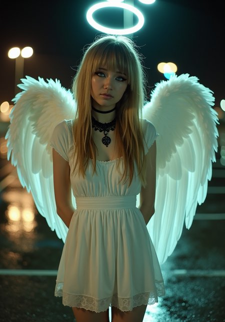 Emo_JBX style, cinematic night portrait of a young woman standing barefoot in a parking lot with a distinct emo hairstyle; her hair is long, light brown with soft blonde highlights, styled with smooth, layered emo bangs that sweep to the side, covering one eyeâshe has side-swept bangs, not blunt or straight across, creating a soft, edgy look; the rest of her hair is sleek and flows smoothly down to her chest in soft layers; she wears a gentle smile with black winged eyeliner that emphasizes her intense green eyes, along with a black lace choker around her neck; dressed in a modest, flowing white dress that enhances her angelic appearance, she strikes a cute, innocent pose with her knees together, toes pointed inward, and arms tucked behind her back; large, feathered angel wings extend from her back, with a faintly glowing halo above her head; the parking lot around her is dimly lit by a few overhead lights casting warm, uneven lighting, with subtle reflections on the wet pavement, creating a surreal, dreamlike contrast between her celestial beauty and the everyday setting, Emo_JBX<lora:Emo_JBX_flux.safetensors:1.0:1.0>