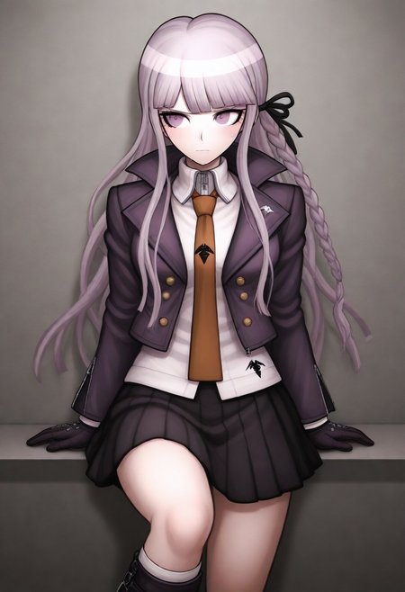 masterpiece, best quality, amazing quality,,, shiny skin,,,,,,,,Kyoko Kirigiri DR1, Kyoko Kirigiri, masterpiece, best quality, purple eyes, and a pale complexion, long lavender hair down with a single braid on her left side, tied with a black ribbon, dark purple collared jacket with six brown buttons over a zipped up long-sleeved white blouse and brown tie with a bird-like symbol on it, black short skirt, heeled knee-high purple boots with equally knee-high light purple socks, custom-made black studded gloves