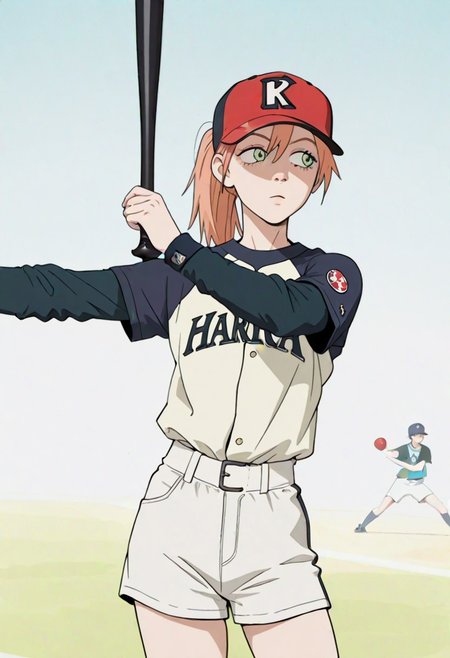 (1girl:1.2), (general:1.3), (masterpiece:1.2), newest, <lora:IchiroBattingStance_ill_v01:1>, haruko, ponytail, baseball cap, raglan sleeves, short over long sleeves, white shorts (holding, holding baseball bat, baseball bat:1.2), outstretched arm, (hand on own shoulder:0.7),