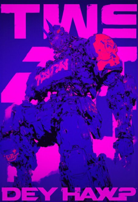 high contrast neon anime style in neon pink and navy blue. A large battletank in boxer pose