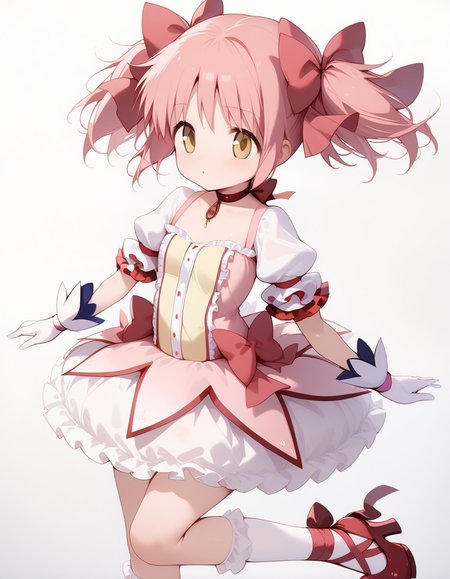 (score_9,score_8_up,score_7_up),<lora:homura and madoka:1>,, (mahou_shoujo_madoka,kaname madoka,pink hair,twintails,short twintails,hair ribbon,red ribbon,hair bow,ribbon,yellow eyes),(magical girl,choker,ribbon choker,red choker,soul gem,gloves,white gloves,puffy sleeves,puffy short sleeves,short sleeves,bow,skirt,bubble skirt,frilled skirt,dress,white skirt,frills),(white socks,frilled sleeves,frilled socks,socks,ankle ribbon,leg ribbon),red footwear,, 1girl, perfectly flat chest, tiny perky tits