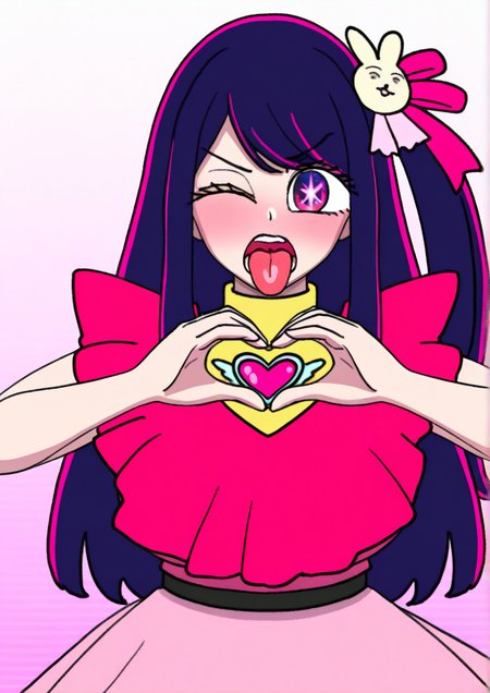 <lora:ilica:1.3>,1girl, hoshino ai (oshi no ko), huge breasts, ;p, blush, brooch, cowboy shot, dress, frilled dress, frills, hair ornament, hair ribbon, heart, heart brooch, heart hands, idol, idol clothes, jewelry, long hair, looking at viewer, one eye closed, one side up, open mouth, pink dress, pink ribbon, purple eyes, rabbit hair ornament, ribbon, screentones, solo, star-shaped pupils, star (symbol), swept bangs, symbol-shaped pupils, teeth, tongue, tongue out, turtleneck dress,