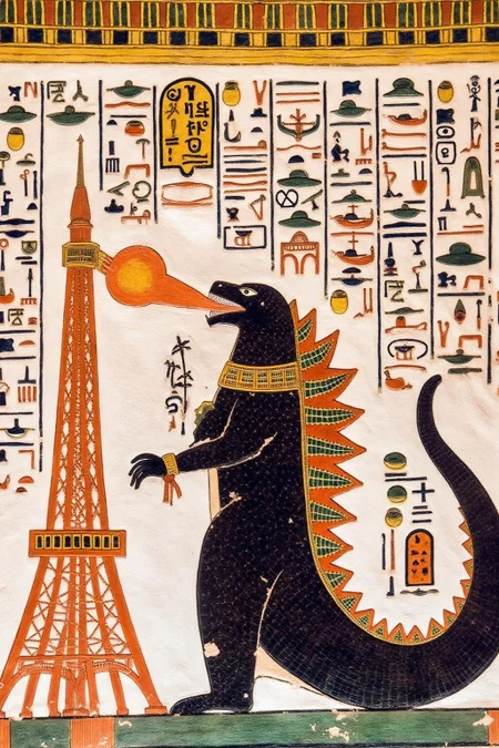 egyptian painting.
Godzilla standing beside Tokyo tower, breathing fire <lora:egypt1_cap_d6a3:1.0><lora:829973108493553583:0>