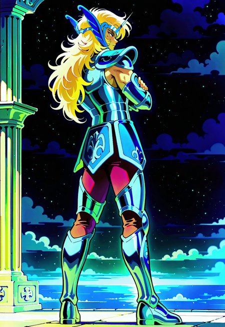 masterpiece,best quality,amazing quality, cephalbioreilxl, 1boy, male focus, toned male, blue eyes, wavy long hair, blonde hair, blue circlet, blue pauldrons, blue breastplate, elbow length vambraces, blue faulds, maroon pants, thighhigh greaves, fingerless gloves, full body,  mediterranean backdrop, greek pillars, back view, from behind, arms crossed, folding arms, arms folded, dark sky
