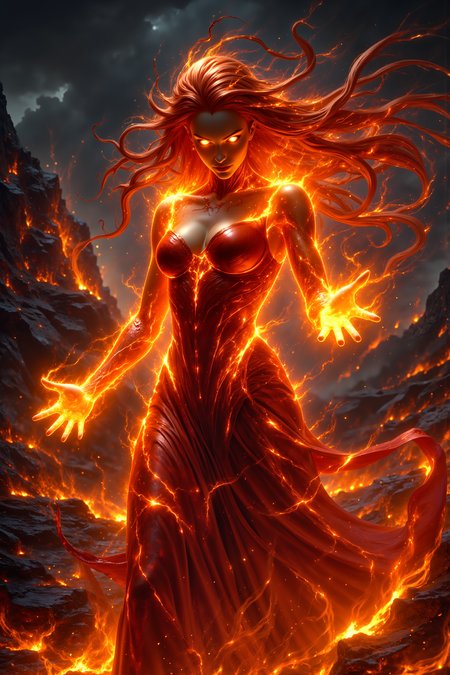 A fiery-haired fire elemental, her skin a molten bronze that seems to ripple with heat, stands with her hands ablaze, flames licking up her arms. Her bright red hair, made entirely of flickering fire, dances wildly around her sharp, angular face, casting a warm, orange glow over her features. Her eyes, glowing embers of gold and crimson, burn with an intensity that matches the inferno she commands. Her body, covered in swirling, molten patterns, radiates heat, and the air around her shimmers with waves of intense heat. Behind her, a landscape of molten lava flows, bubbling and churning as sparks fly into the sky. The distant, jagged silhouette of volcanoes looms, their peaks spewing ash and fire into the night sky. Her expression is one of fierce, unbridled power, her lips curved into a dangerous smile as she revels in her element. The flames that consume her seem alive, wrapping around her like a second skin, ready to unleash destruction. The glow of the lava reflects in her eyes, making them burn even brighter, full of wrath and wild beauty.<lora:DnDDarkestFantasy:0.5><lora:FluxMythP0rtr4itStyle:0.75><lora:Dever_Flux_Enhancer:0.5><lora:Aura_Flux-000010:0.6>
