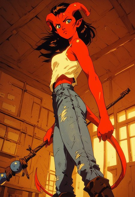 score_9, score_8_up, score_7_up,1girl, side view, low angle, Tiefling, red skin, pointed ears, horns, colored sclera, tail, blue eyes, tank top, leather jacket, jeans, boots, action shot, swinging bow staff, small breasts, slender body, intrigued eyes, curious expression, standing, indoors, dojo, looking at viewer, knva, retro artstyle