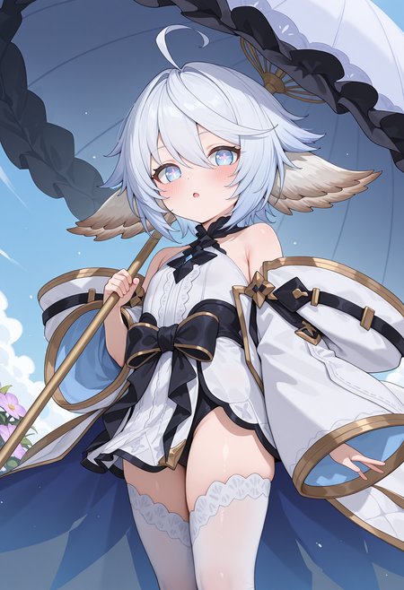 highres, best quality, masterpiece, blue sky,
1girl, solo, gbfwam, short hair, white hair, blue hair, animal ears, ahoge, blue eyes, + +, flower-shaped pupils,
gbwmdef, white dress, black collar, cross necklace, bare shoulders, sleeveless, waist bow, black bow, white cloak, gold trim, detached sleeves, wide sleeves, white thighhighs,
looking at viewer, blush,  open mouth, expressionless,
standing,
umbrella, holding umbrella,
<lora:_wamdus-elesico-ilxlA:1>