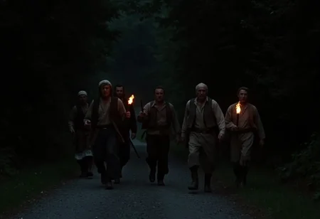 medium shot of a group of angry 19th century peasants on a road in a dark forest, carrying pitch forks and torches, low light at night <lora:hammer-000073:1>