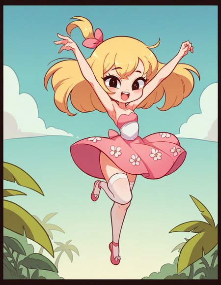zPDXL, score_9, score_8_up, score_7_up, source_anime, 1girl, solo,
 <lora:diives_v2-20:1> diives, (portrait), Alice in Wonderland, blonde hair, child, little girl, happy, a-pose, ballerina wearing Tropical-inspired floral print leotard, flowing chiffon skirt, sheer stockings, ballet slippers