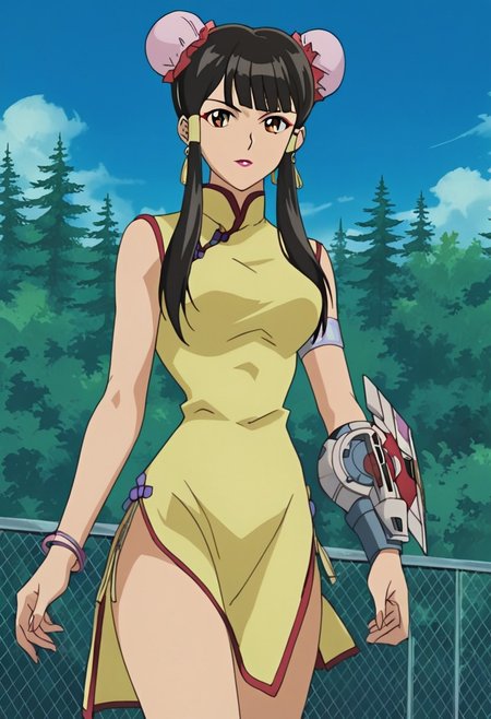 score_9, score_8, score_7_up, source_anime, anime_coloring, anime_screenshot, highres, rating_safe solo, outdoors, forest, trees, sky, day, clouds
YGOVivianWong, 1girl,  long hair, black hair, hair bun, double bun, bun cover, hair tubes,  bangs, sidelocks, makeup, lipstick, brown eyes,  jewelry, earrings, dress, china dress, chinese clothes, bracelet, legs, thighs
standing, looking at viewer, cowboy shot,