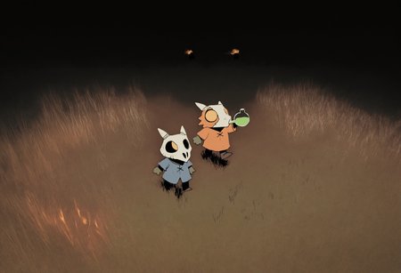 masterpiece, absurdres, incredibly absurdres,best quality, G0zeNA_illu, ROOT,
(2boys), kobold, skull mask, horns, furry, tunic, windy, clothes blowing in the wind, walking, very wide shot,
abstract background, abstract,surreal, dreamscape, surreal, storm, melting thunder, tall grass, from above, looking up, hyper green grass, orange black sky, scenery, realistic background, photo background, drinking potion, fire figures in background,