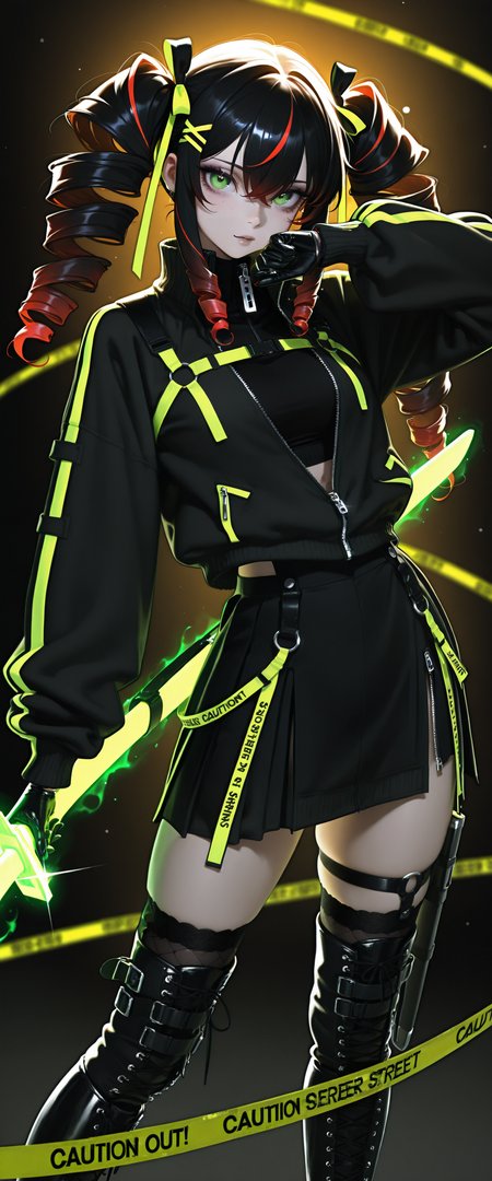 (absurdres, high_quality, newest, incredibly_absurdres, very aesthetic, underlighting, film_grain, blurry_background, bokeh, grainy_texture, glint, magic, magic_user, aura, glowing, vibrant, flat_colors, seductive, dark_theme curvy, cowboy_shot)
(ws-illu, fighting_stance 1girl black_boots black_gloves black_hair caution_tape black_skirt boots coat cyberpunk dress drill_hair full_body fur_trim gloves gradient_background green_eyes street crime_scene chains too_many_straps black_thighhighs hair_between_eyes harness stripes thighhigh_boots hair_ornament hair_ribbon high_collar jacket knee_boots long_hair looking_at_viewer mole mole_under_eye multicolored_hair red_hair ribbon scabbard sheath sheathed skirt solo standing sweater sword track_jacket unzipped very_long_hair weapon zipper)