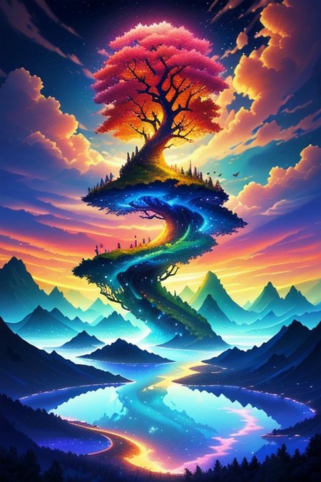 (ultra high res:1.4), (masterpiece), (beautiful lighting:1.4), clear water, beautiful sky with clouds, tree, masterpiece, pretty, surreal landscape image featuring floating islands, upside-down mountains, and unconventional flora. Include a dreamlike quality, pushing the boundaries of reality. Conjure a scene that has imaginative and otherworldly elements. big wooden bridge