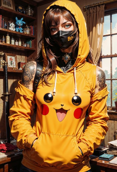 a highly detailed digital illustration of a woman with a mix of anime and realistic art styles. She has fair skin and long, straight, light brown hair with bangs that partially cover her striking blue eyes. She is wearing a yellow Pikachu hoodie with the hood up, which has Pikachu's signature red and black face on the front. The hoodie is off-shoulder, revealing a large, intricate black and grey tattoo sleeve on her left arm. Her attire is complemented by a black face mask covering her nose and mouth, which adds a modern, edgy touch to her look.
She is standing in what appears to be a cozy, cluttered bedroom. The background includes a window with beige curtains on the right side, allowing natural light to filter in. On the left side, there are various items on a shelf, including a small plush toy, a framed picture, and some personal items like a blue plush toy and a few other trinkets. A katana sword is leaning against the wall next to her, adding a touch of mystery and adventure to the scene. The overall color palette is warm and inviting, with soft lighting enhancing the intimate and personal atmosphere of the room.