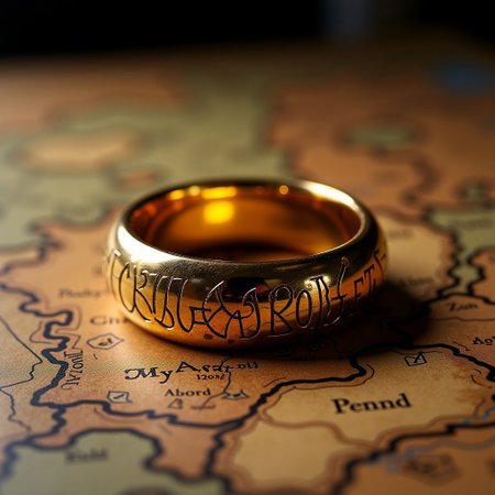 the one ring of sauron from lord of the rings sitting on a map of middle earth. The ring is inscribed with elvish script. It glows with power to tempt its bearers to use it. A high resolution photograph
