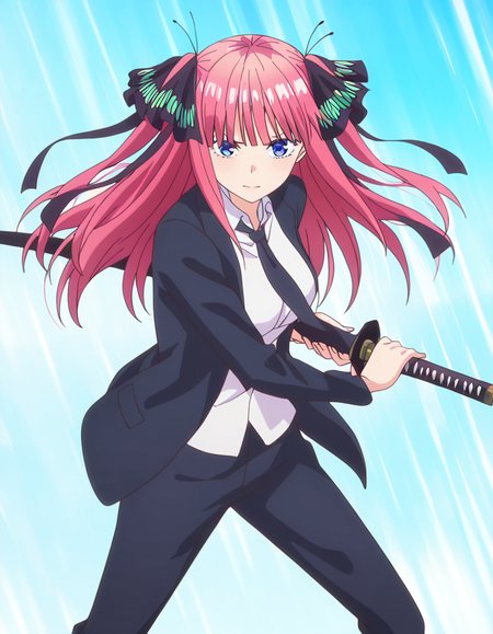 masterpiece, best quality, newest, absurdres, highres, safe,, <lora:nino-nakano-s1-ponyxl-lora-nochekaiser:1>, nino nakano, long hair, bangs, blue eyes, hair ornament, hair ribbon, pink hair, blunt bangs, two side up, butterfly hair ornament, large breasts, anime screencap, <lora:battoujutsu-stance-illustriousxl-lora-nochekaiser:1>, battoujutsu stance, looking at viewer, holding, weapon, sword, holding weapon, holding sword, standing, katana, sheath, sheathed, fighting stance, ready to draw, shirt, long sleeves, jacket, white shirt, necktie, collared shirt, pants, black jacket, floating hair, black pants, formal, suit, black necktie, black suit, pant suit,, ,