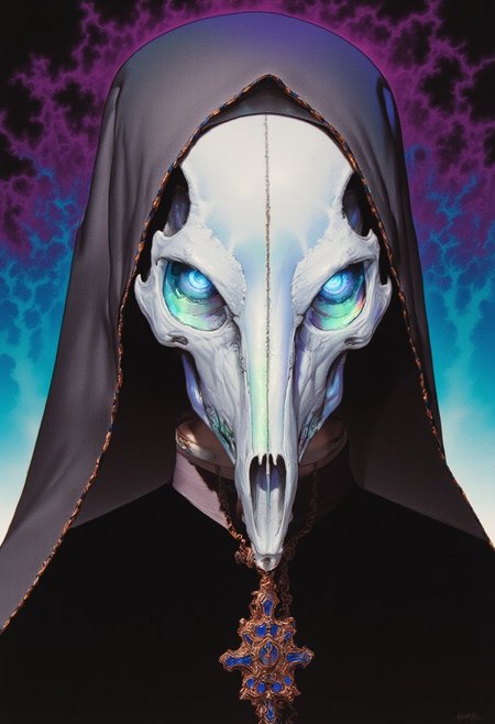 (Hyper-realistic highly detailed pencil drawing illustration, ArsMJStyle, Colored pencil hyperdetailed realism) A highly stylized, high-resolution portrait featuring a person dressed as a nun with a futuristic gothic twist. Their face is concealed by an intricately sculpted caracal skull mask, featuring a narrow rostrum, long curved canines, and pronounced zygomatic arches. The mask is constructed from refractive holographic glass glowing in iridescent violet, neon mint, and ultraviolet magenta. Translucent and lifelike, the material refracts light into vibrant spectral flares. Through the feline eye sockets, piercing cerulean-blue eyes glow with otherworldly intensity. Her head is veiled in a graphite-gray habit flowing seamlessly into a high-gloss synthetic collar. The robe is jet black with precise tailoring, accentuated by luminous copper-gold seams. A raised, ornate cross in deep lapis blue enamel is centered on her chest. The background fades from stormy violet to misty teal, enhancing the spectral glow of the mask. Every texture—bone, crystal, fabric, and ambient light—is rendered with hyperreal fidelity, blending sacred iconography with biomechanical surrealism in a haunting and elegant composition.