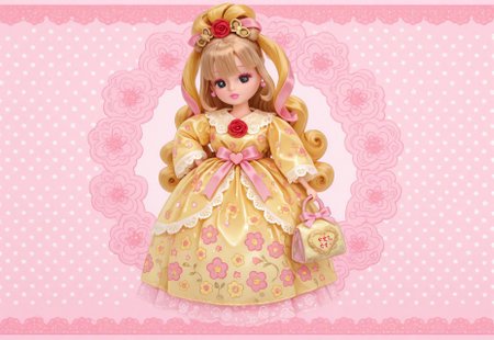 ((fullbody)) 1girl, solo, ((Licca-chan : 1.2)), moe, kawaii, cute, doll, doll joints, big black eyes, detailed lips, makeup, hands on hips, holding, holding purse, fashion, ((doll_clothes)), (princess), yellow gown, ((yellow ornate floral print puffy gown with ribbons and rococo lace trim)), accessories, hair ornaments, too many hair ornaments, simple background, print background, pastel background, (pastel pink floral patterned background), colorful floral print background, red roses, bubbles, text, text captions, ((Japanese text)), wide shot, pastel colors, hearts, star (symbol), music notes, sparkles, glitter