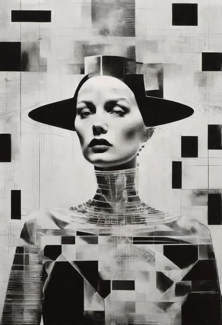 Monochrome black and white, Dali, Magritte, Delvaux, Bellmer, Malevitch, Rodchenko, Mondrian, Kandinsky, Popovna, psychedelic hallucination, pop surrealism, rough crosshatch drawing pop art Lunatic_Portrait of a young girl in latex, slick back, low bun, black makeup, sinister expression, intense glare, avant-garde, abstract, weird, geometric, constructivism, suprematism, rayonism, verticism, lineism, tj
