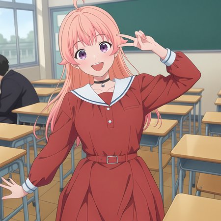 1girl,

school desk, in school, crowded classroom, V,

<lora:NicoWakatsuki:1> nicowakatsuki, long hair, pink hair, purple eyes, choker, dress