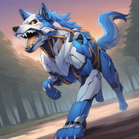 solo, wolf, robot, male, feral, running, wiring, blue body, white body, yellow wire, 5 fingers, 4 toes, yellow eyes, black sclera, angry, tail, fur, forest, sunset, detailed face, slit pupils, dutch angle, [kemono], year 2023, year 2024, (masterpiece, best quality, very aesthetic, amazing quality), absurdres, highres