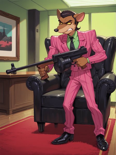 score_9, score_8_up, score_7_up, Masterpiece, Best Quality, high quality cg, masterpiece, best quality,  solo, 1boy, furry male,  Pinstripe Potoroo,  brown fur, slicked back black hair, yellow sclera, black eyes, pink pinstripe suit, pink jacket, green shirt, black tie, pink pants, black shoes, male focus, dynamic pose dramatic pose, holding thompson submachine gun, annoyed, standing tall, knocked over furniture, office room, intimidating, wood flooring, neon green window in background, large painting, black luxury leather chair, wooden desk, green lighting, skylight, red persian rug, science fiction,  <lora:Pinstripe_Potoroo-000049:0.9>,