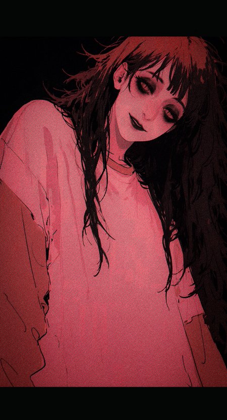 (justsomenoob:1.2),  photorealistic unfinished sketch, (safe:1.2), messy hair, straight hair, long hair, 
1girl, solo, head tilt, close-up, smile, (half-closed eyes:1.2), (slit pupils:1.1), black lips, nose, bags under eyes, black eyeshadow, thick eyelashes, looking down, looking at viewer, from below,  yandere,  (profile:1.2),
black hair, 
black background, 
red theme, white theme, limited palette, 
<lora:bemen:0.8>
<lora:nhl-004:0.8> nhl-004, <lora:nhl-001-20:0.3> nhl-001, <lora:tenebriflora-wai:0.5> tfaix,