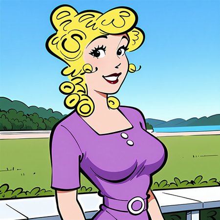 absurdres, 8k, high resolution, masterpiece, best quality, absolutely fantastic art, amazing quality, very aesthetic, 1girl, solo,  <lora:Blondie_Bumstead:.8>, bl0ndie, looking at viewer, lipstick, smiling, black eyes, sky, outdoors, dress