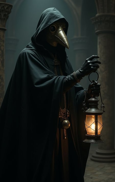medieval European plague doctor, beaked mask, black robe, background of a dark dungeon, holding a lantern in hand, light from lantern beams on mask, mysterious, spooky, scare, dark fantasy style, inspired by Hieronymus Bosch, eerie atmosphere, detailed, dramatic lighting, shadows, gothic, sinister, unsettling, intricate textures, historical, haunting, grim, intense contrast, atmospheric, expressive, macabre, nightmarish, medieval architecture, unsettling beauty, evocative, immersive,