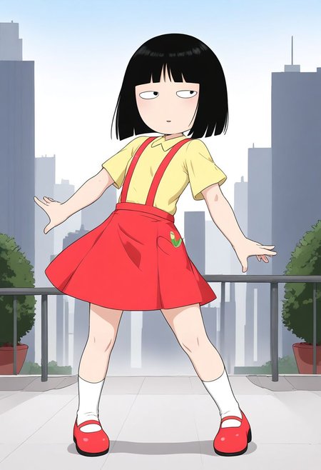 <lora:HyLper-Accelerate-PAseer:1> <lora:Fixhands_anime_bdsqlsz_V1:1>score_9, score_8_up, score_7_up, source_anime, intricate details, perfect anatomy BREAK
1girl, hanako-san, black hair, black eyes, no nose, yellow shirt, red suspender skirt, white socks, red shoes, flat chest,
dynamic pose, outdoors, city, skyscraper, 
<lora:hanako-san_XL(pony)v10:0.9>