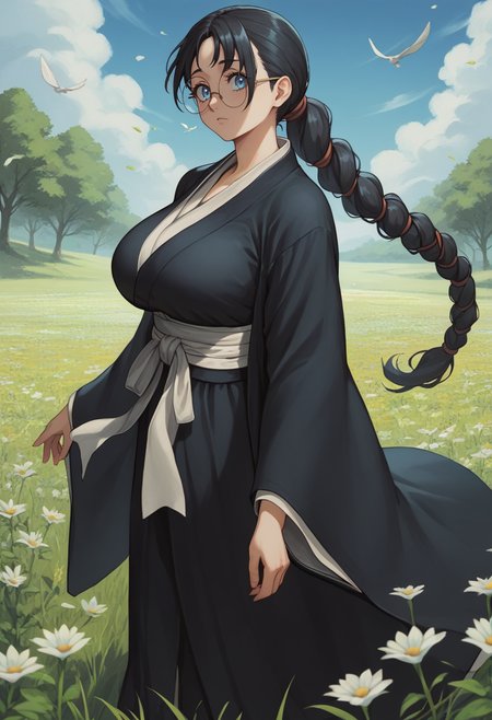 score_9, score_8_up, score_7_up, BREAK 1girl, looking at viewer, cowboy shot, 
<lora:BatsuunsaiKatoriDwnsty:1>, batsuunsai, black hair, low ponytail, braided ponytail, long hair, blue eyes, black kimono, white haori, white sash, wide sleeves, round eyewear,  
large breasts, skindentation, 
outdoors, grass, flower field, medieval, wind, blue sky, tree,