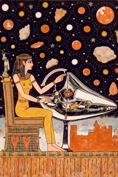 egyptian painting
A woman wearing a futuristic yet retro uniform, confidently steers her gleaming chrome spacecraft through a dense field of asteroids  <lora:egypt1_cap_d6a3:1.0><lora:829973739853760381:0>
