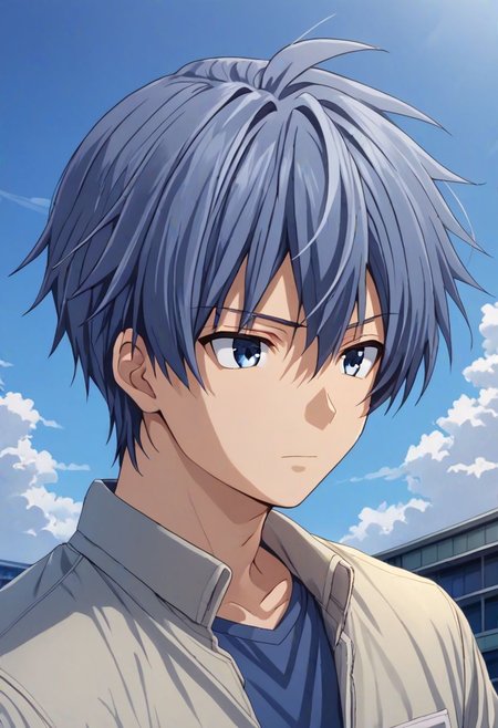 high resolution, solo, best quality, 1Boy, Tomoya Okazaki, Grey Blue Hair, free fall, sky , OverallDetail