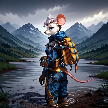 score_9, score_8_up, score_7_up, source_anime, Anthro mouse, B3ck13M0us3, standing, wearing  bridgesuit, mud, raining, mountains in background, clouds, looking at viewer, backpack,