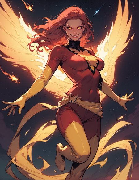 score_9, score_8_up, score_7_up, solo, 1girl, JeanGrey,red bodysuit, yellow elbow gloves, yellow thigh highs, flying, fire, evil smile,  space,  zPDXL,  <lora:phoenix-10:1>,  <lora:Sinozick_Style_XL_Pony:1>