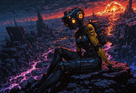 masterpiece, best quality, amazing quality,  high resolution, aesthetic, 1girl, robot girl, (yellow body:1.2), muscular, (unusual robot head:1.7) with orange headlamp, sci-fi landscape, lava planet, thigh pouch, radio belt,  tall backpack, sitting on rocky shelf in distance, dangerous, purple lava, DRKWB