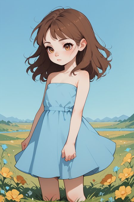 score_9,score_8_up,score_7_up,score_6_up,score_5_up,score_4_up,
1girl, solo, female child, brown hair, hazel eyes, blue strapless dress, BREAK, clear stream rocks, grass, flowers,
 <lora:NoctFlatStyleV4:1>
 <lora:age_slider_v4:-4>