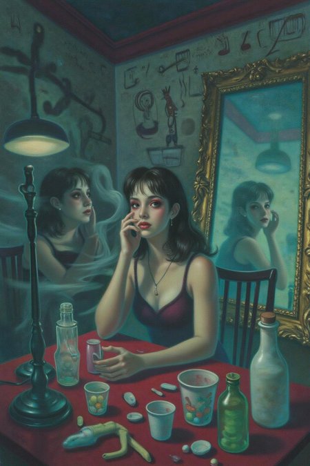 magr1 illlustration.
Create a cinematic, surreal portrait of a woman seated at a cluttered red table, surrounded by mirrored reflections of herself. She wears intense red eye makeup that accentuates her expressive gaze. The scene is filled with translucent glass cups, pill containers, and small bottles, all creating an eclectic and moody atmosphere. Smoke rises around her, adding a dreamlike quality, while a wallpaper of hand-drawn symbols or calligraphy fills the background. The lighting is muted and soft, emphasizing a reflective and introspective mood with a retro, film-noir style <lora:magr1_cap_d6a3e12:1.0><lora:828070738629044920:0>