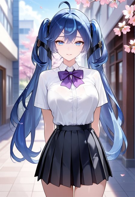 masterpiece, best quality, amazing quality,iuno, blue eyes,dark blue hair,ahoge, twintails, long hair, 1girl, solo, breasts,school uniform,pleated skirt,white shirt, black skirt, purple bow,short sleeves, parted lips, light smile, standing,arms behind back, looking at viewer, cowboy shot, blurry background, outdoors, school, cherry blossom <lora:iunoV1:0.9>