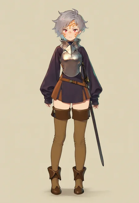 best quality, amazing quality, very aesthetic, absurdres,
1girl, grey hair, facial mark, red eyes,
breastplate, brown boots, full body, long sleeves, looking at viewer, scabbard, sleeves past wrists, solo, standing, sword, thighhighs, simple background, <lora:MoryoNoob_byKonan:1>