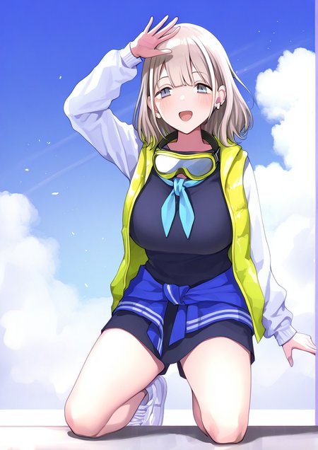 <lora:koh-minagi:1>,1girl, serizawa asahi, huge breasts, :d, arm up, bare legs, blue eyes, blue neckerchief, blush, cloud, goggles, goggles around neck, jacket, long sleeves, looking at viewer, medium hair, neckerchief, on one knee, open clothes, open jacket, sleeveless, sleeveless jacket, smile, solo, white hair
