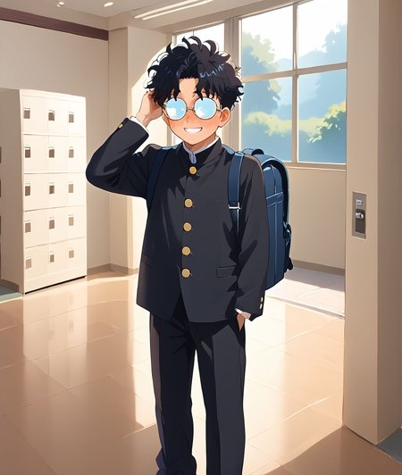 score_9,score_8_up,score_7_up,masterpiece, best quality, <lora:WHM 0.2v:0.5>, WHM, 2D,anime,  
getabako, scenery,  locker, school, indoors,window,sunlight, <lora:gakkou_getabako_PONY_V1:0.5> 
school genkan, door,open door, full-face blush, 
1boy, solo,standing, 
<lora:blush:1> hand on head, nervous smile,  evil grin, wearing a school backpack on the shoulde,
BREAK
opaque glasses, <lora:Opaque_glasses_r1:1.5>
  <lora:okarun_pony:0.8> 1boy, okarun, black hair, curly hair, (glasses), short hair, shoes, long sleeves, 
 gold buttons, black gakuran,  <lora:Classic_gakuran:0.7>
(black gakuran, black pants:1.4),