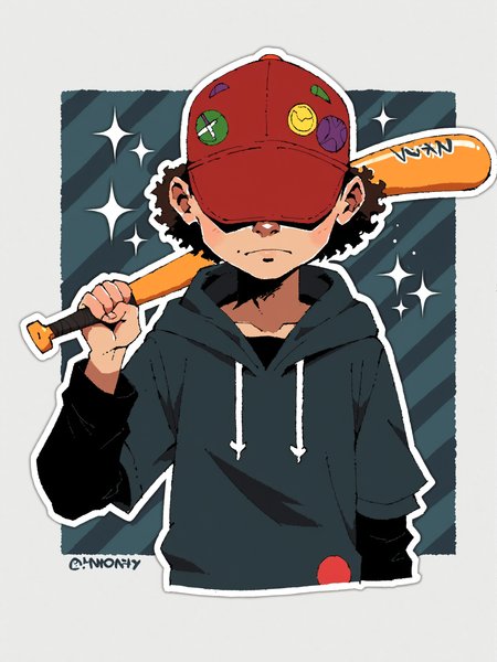 score_9, score_8up, score_7up, score_6up, score_5up, score_4up, abstract background, source_cartoon, rating_safe, BREAK
solo, 1boy, sh0b@t, baseball cap, curly hair, hat over eyes, no eyes, bent baseball bat, hoodie, long sleeves, shorts, upper body focus, BREAK
<lora:Shonen_Bat__Lil_Slugger_-_Paranoia_Agent_-_PDXL:1>
