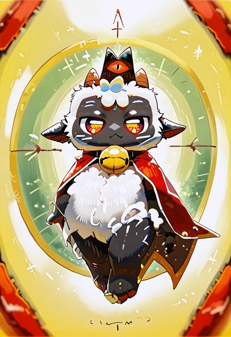 zuppu11, full body, solo, furry, score_9, score_8_up, look at viewer, male focus, no humans, furry male, flux-style, detailed eyes, furry, l4mb, lamb, horns, neck bell, cape,