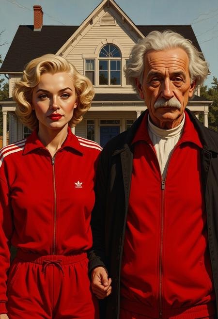 illustration of Marylin Monroe and Albert Einstein wearing red Adidas style tracksuits standing in front of a house in the style of the famous painting American Gothic by Grant Wood, visible brushstrokes, atmospheric haze, limited palette, low key, moody lighting