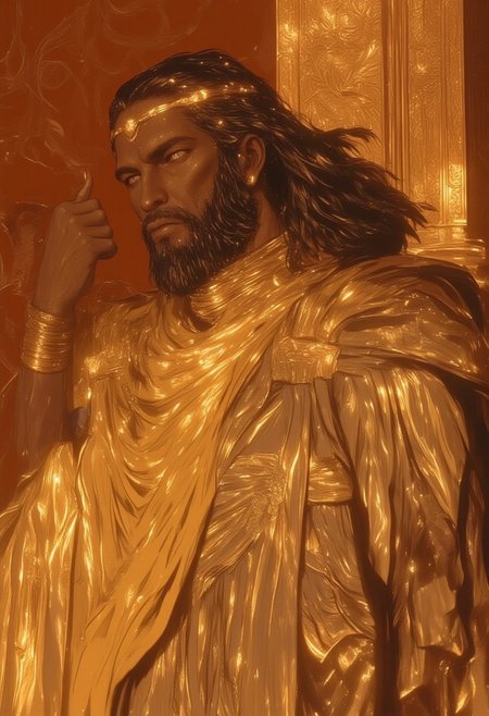 Hyper-realistic close-up portrait of a man in HD, 8K, hyper-rendered quality, dressed in an asymmetrical Greek-inspired robe that fuses Renaissance elegance with 2040 streetwear. The oversized fabric cascades in dramatic, layered folds, adorned with intricate chrome and gem-studded patterns that mimic ancient Greek armor, blending classical strength with futuristic design. His high turtleneck, made from sleek, luminous fabric, gleams with subtle fiber optic detailing that catches light like liquid crystal, creating a faint, otherworldly glow across his porcelain, oily skin. His expression is calm and intense as he leans forward slightly, his hand elegantly poised in a gesture reminiscent of classical Greek statues. The background, in muted terracotta, contrasts with his attire, embedded with geometric shapes and surreal patterns that echo the grandeur of Greek temple architecture while incorporating modern urban influences. The combination of porcelain, oily skin, sharp lighting, and high-definition rendering enhances every detail of his features, creating an ethereal, otherworldly presence that blurs the line between classic and contemporary aesthetics. (perfection style, ne0nfant4sy)